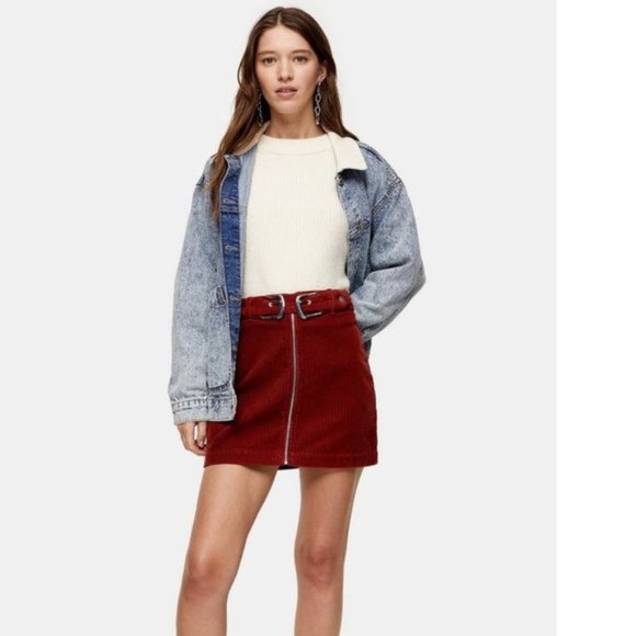 TOPSHOP Rust Corduroy Double Buckle Mini Skirt - Picture 2 of 7